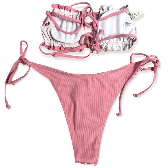 SHEIN Floral Print Frilly Trim Bandeau Side Tie Swimsuit Set - Picture 4 of 5